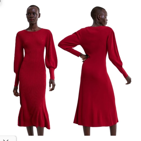 Zara Red Puff Sleeve Ribbed Jumper Sz. M - Picture 1 of 8